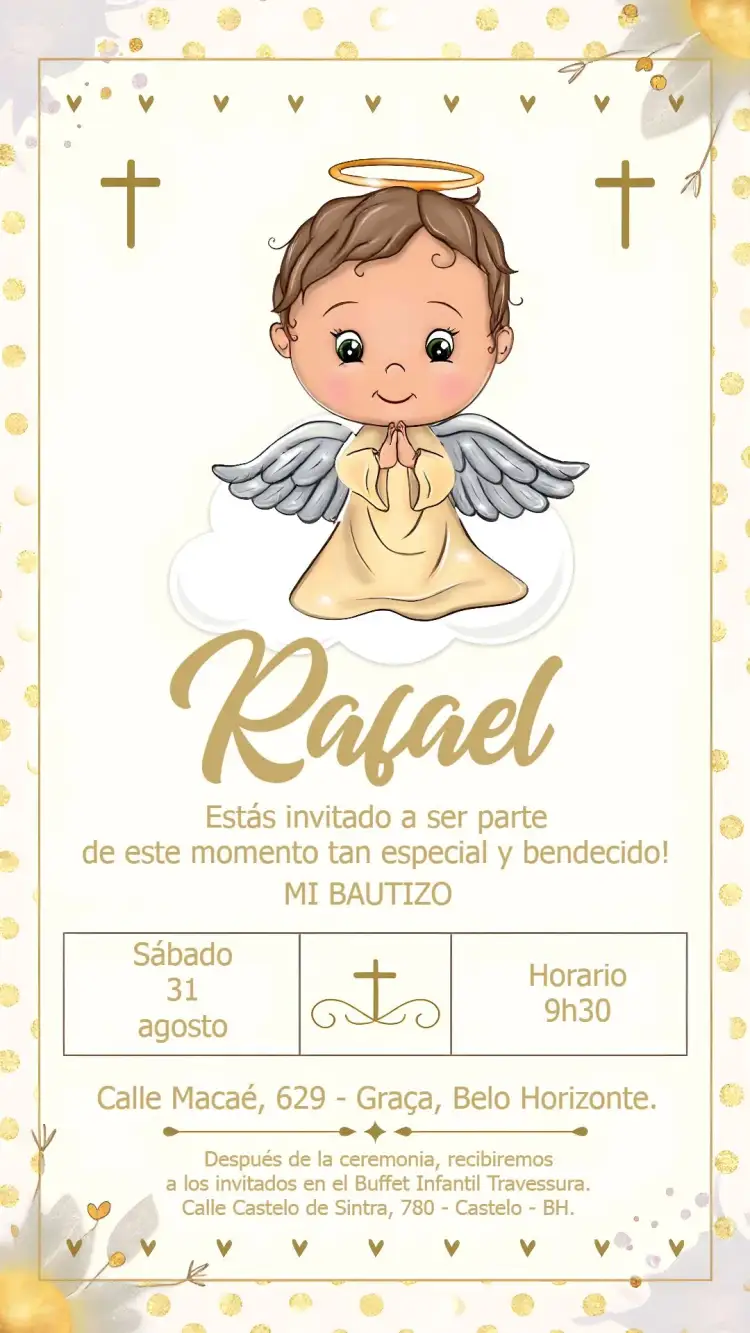 Invitación Bautizo Bautismo Angelito Comunión – tema Primera Comunión dorado, religioso, infantil, delicado, minimalista, angelical