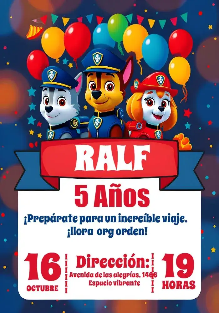 Invitación Patrulla Canina Skye – tema Cumpleaños Infantil rescate, festivo, animación
