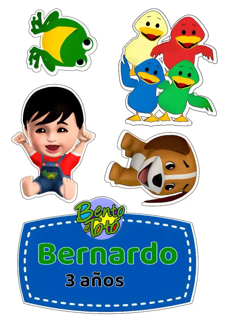 Invitación Topo De Pastel Bento Y Totó Infantil – tema Topper de torta colorido, divertido, infantil, lúdico, caracteres de desenho, moderno