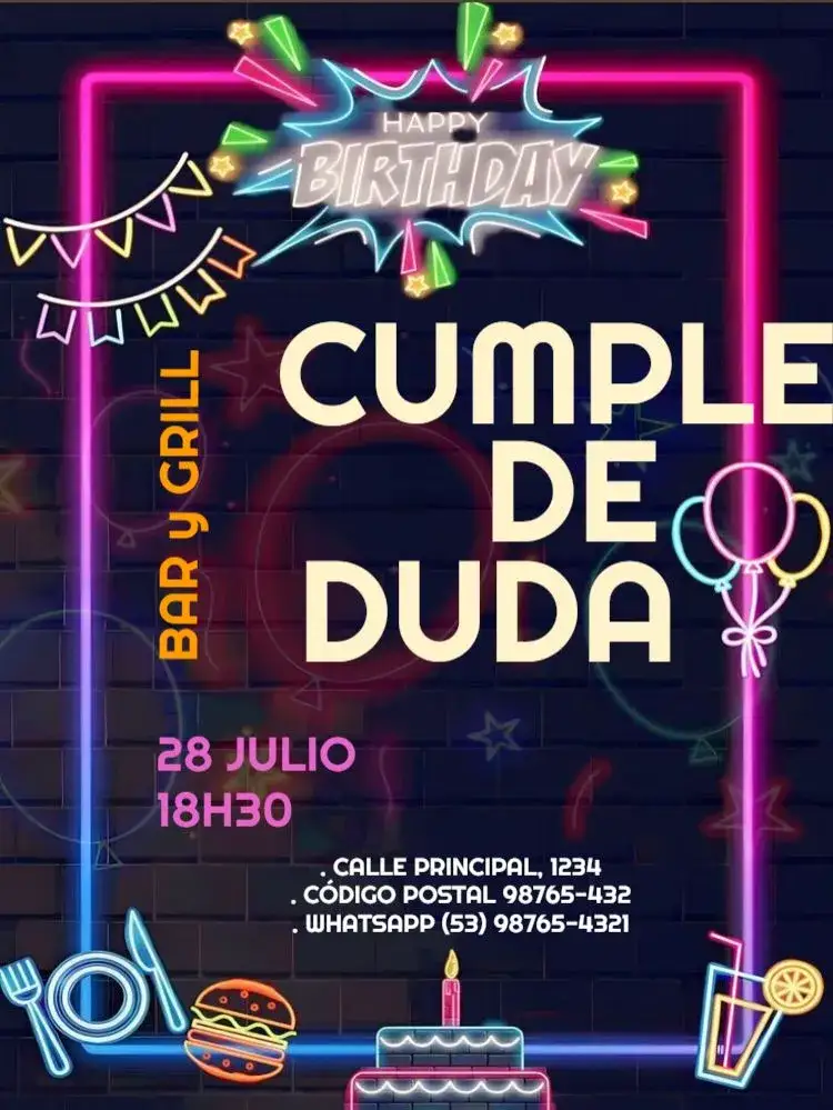 Invitación Feliz Para Editar Morado – tema Cumpleaños Infantil moderno, neón, púrpura y naranja, joven, divertido