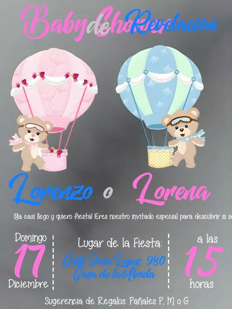 Invitación Chá Revelación Osito Globos y Osita Globos Rosa – tema Revelación Bebé colorido, lúdico, infantil, moderno, ilustrativo