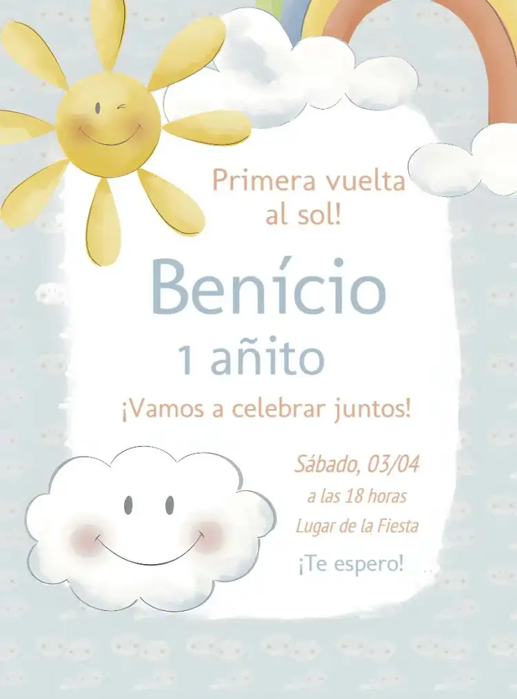 Invitación Primera Vuelta al Sol Iris – tema Primera Comunión arco iris, nubes, colorido, infantil, alegre, divertido