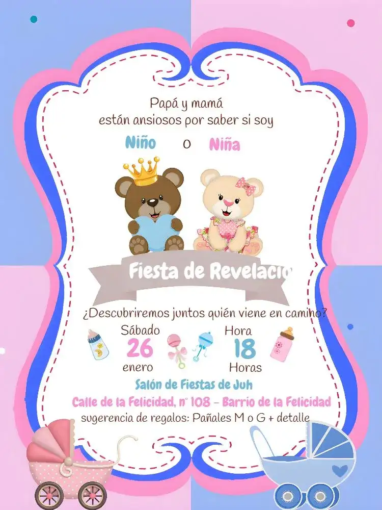 Invitación Revelación Ositos Realeza Marco