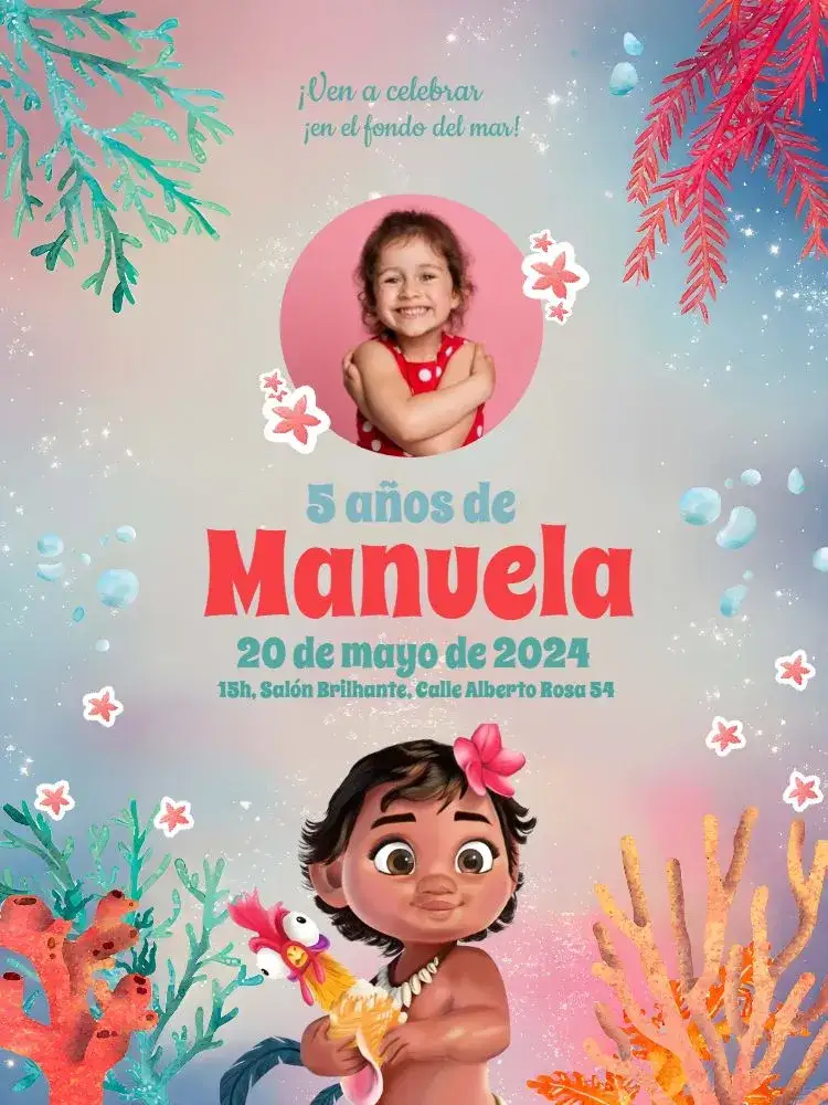 Invitación Moana Baby Con Foto Delicado – tema Más buscados delicado, colorido, temática Moana, estilo infantil, elementos marinhos, gráfico divertido