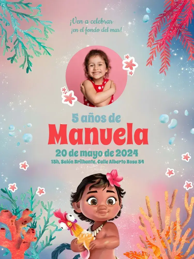 Invitación Moana Baby Con Foto Delicado