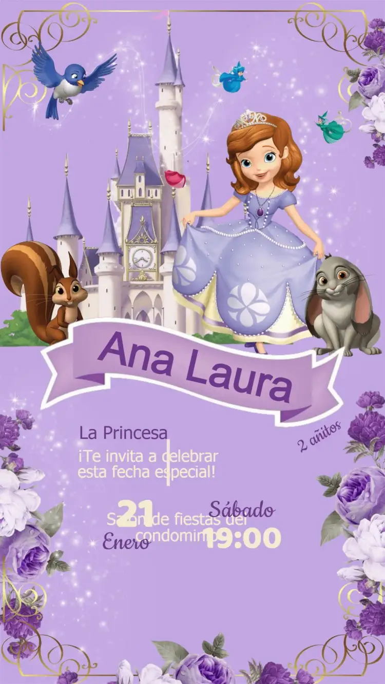 Invitación Invitación Cumpleaños Princesita Sofía – tema Cumpleaños Infantil tonos suaves, estilo lúdico, elementos gráficos infantiles, diseño colorido, temática de princesa, inspirado en cuentos de hadas