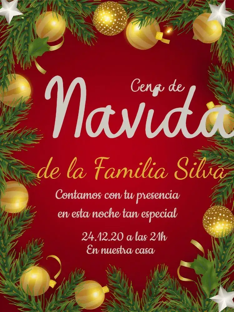 Invitación Cena De Navidad Roja – tema Fechas Conmemorativas rojo vibrante, verde navideño, detalles dorados, estilo festivo, luces navideñas, adornos temáticos