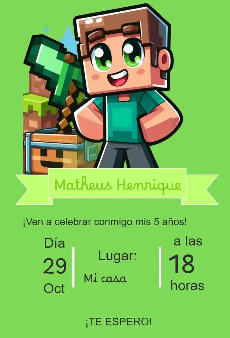 Invitación cumpleaños infantil Minecraft