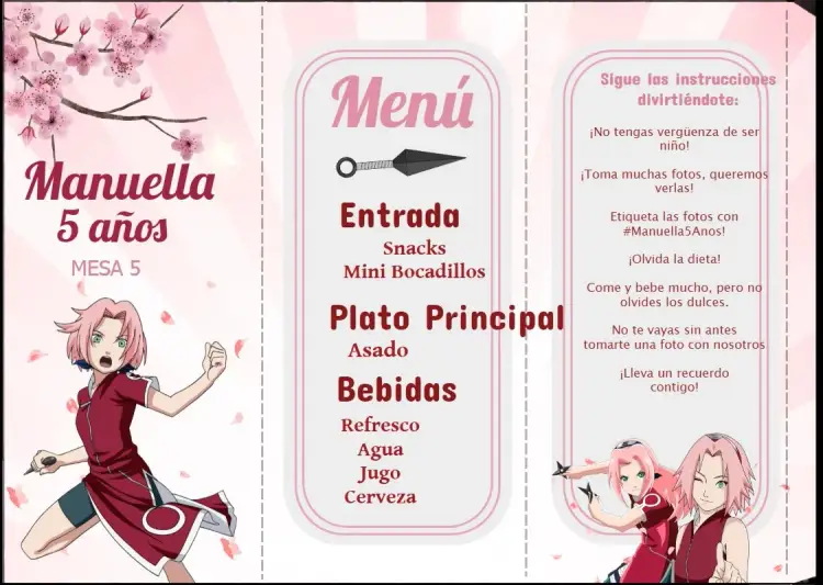 Invitación Menú Triángulo Sakura Naruto Rosa editable y personalizable