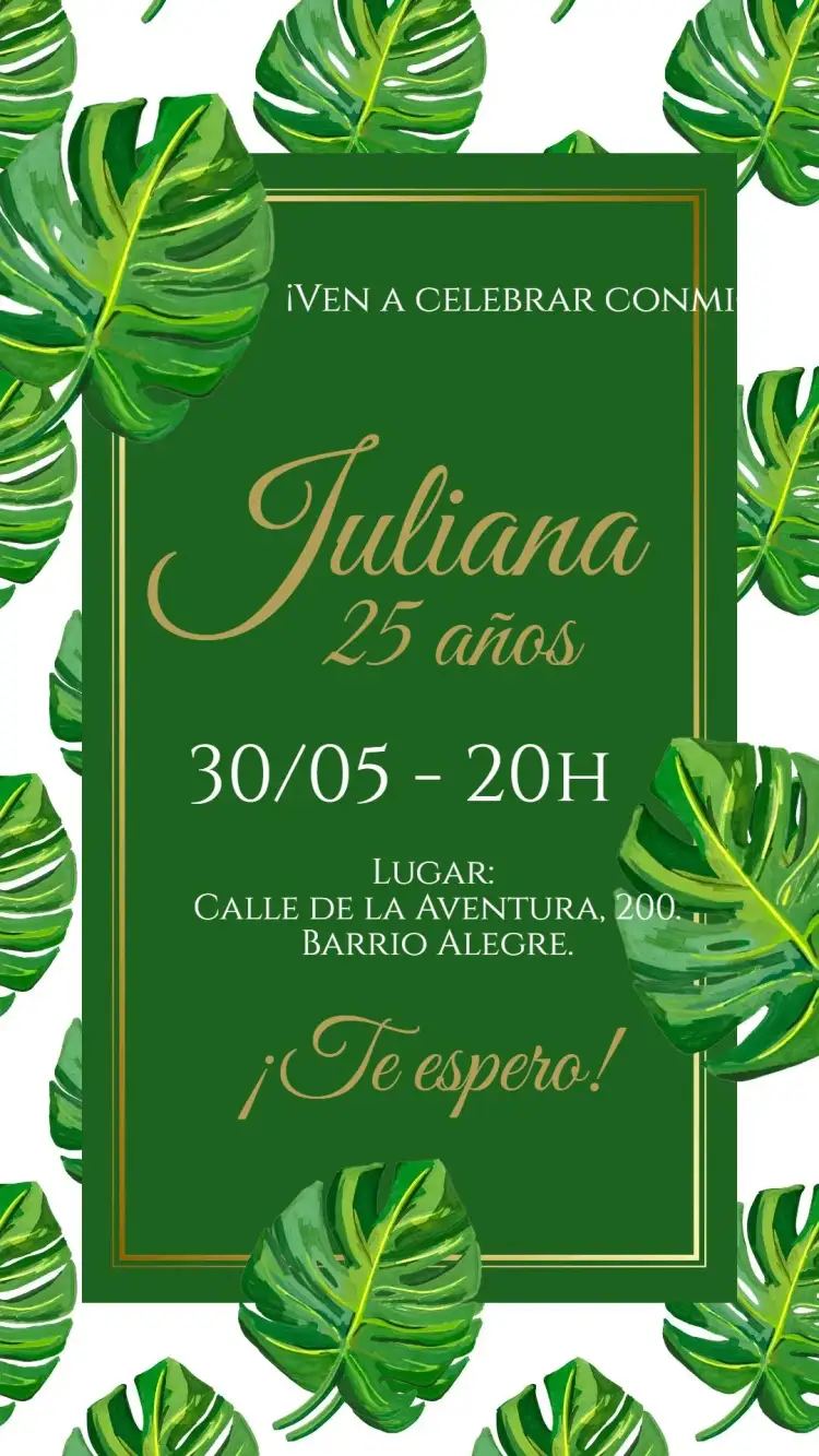 Invitación Invitación digital Hojas Tropical – tema Cumpleaños tropical, floral, moderno, colorido, elegante, descontraído