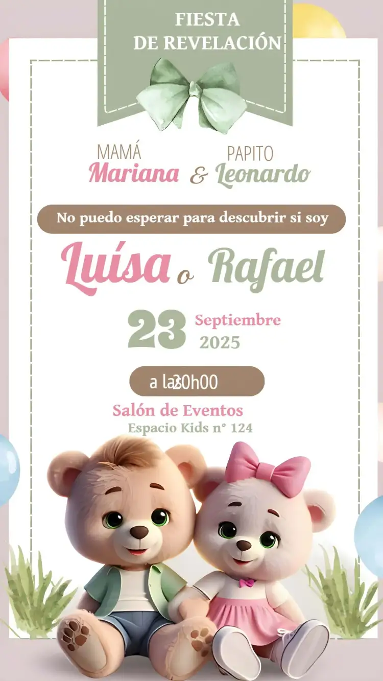 Invitación Baby Shower de Revelación Osos Bebé – tema Revelación Bebé rosa y verde, osos, infantil, moderno, tierno, juguetón