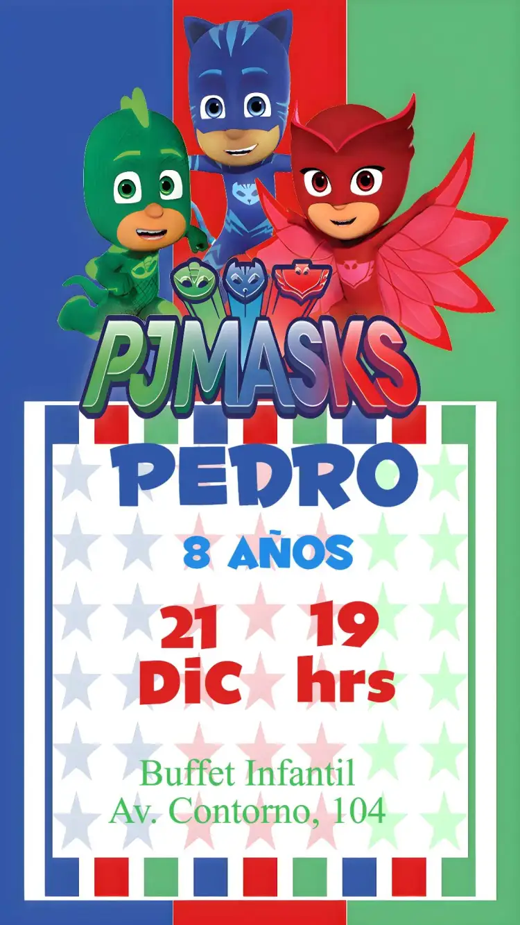 Invitación PJ Masks – tema Cumpleaños Infantil colorido, animado, temático, infantil, divertido