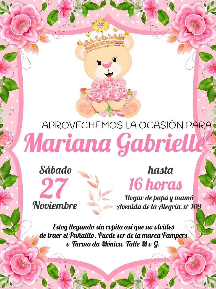 Invitación Baby Shower Osito Princesa Acuarela – tema Baby Shower acuarela, floral, rosa y verde, infantil, delicado, princesa