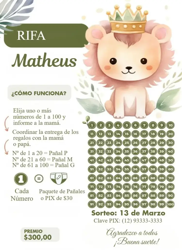 Invitación León verde pequeño rey – tema Té Rifa verde suave, animales, delicado, infantil, moderno