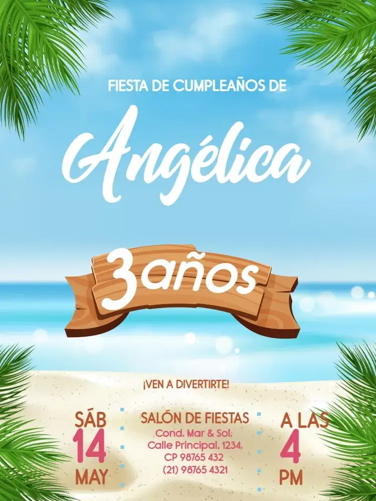 Invitación Baby Playa Femenino – tema Cumpleaños Infantil playero, colorido, marítimo, divertido, alegre, infantil