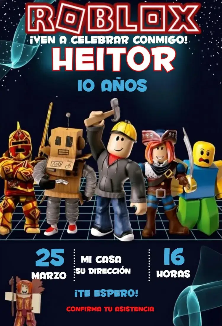 Invitación Roblox 6 – tema Cumpleaños Infantil jugador, moderno, divertido, colorido, infantil, azul