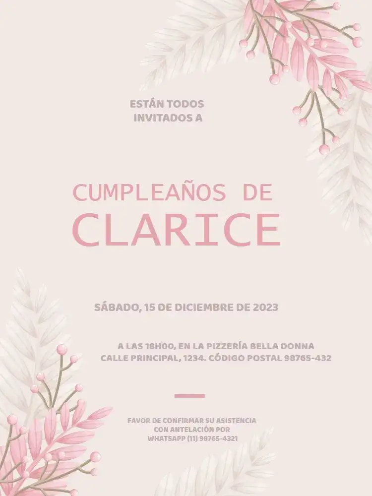 Invitación Celebración Rosa Delicada – tema Cumpleaños Infantil floral, delicado, elegante, femenino, claro, rosa