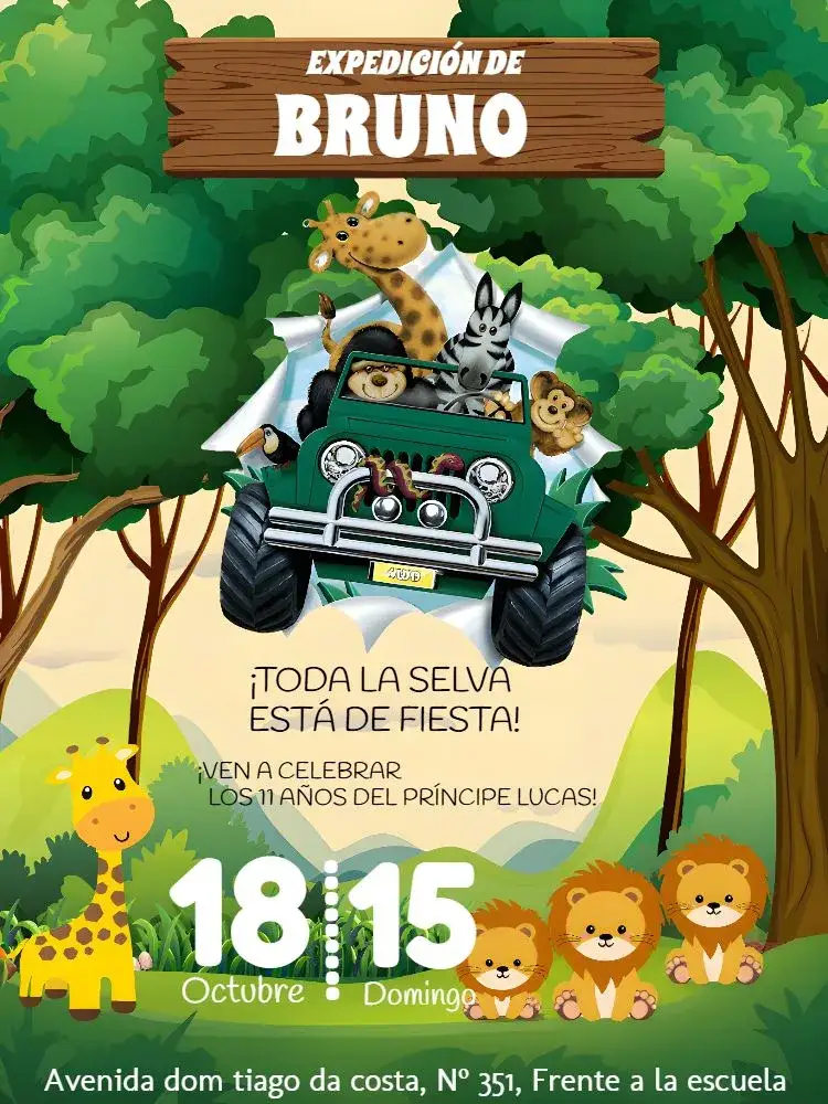 Invitación Safari Animado - Animales en el Bosque Claro – tema Más buscados colores vibrantes, elementos de la naturaleza, estilo lúdico, ilustraciones de animales, diseño divertido, tonos claros