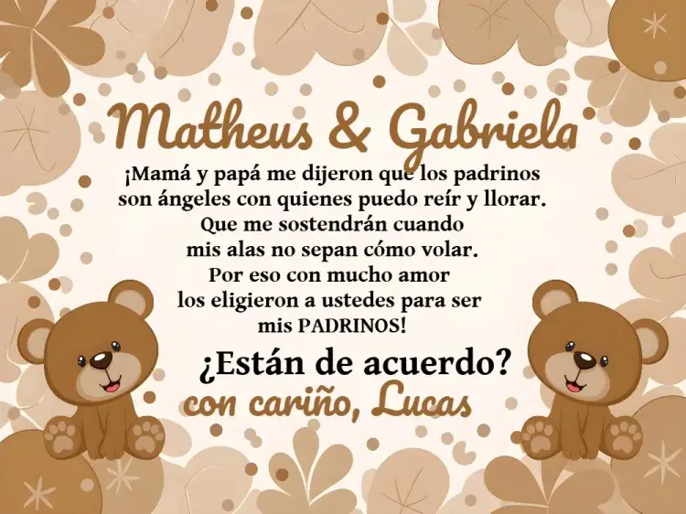 Invitación Padrinos De Bautismo Osito Angelito editable y personalizable