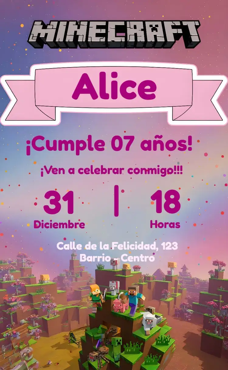Invitación Minecraft Chica Juegos – tema Cumpleaños Infantil pixelado, colorido, aventura, juegos, divertido, moderno