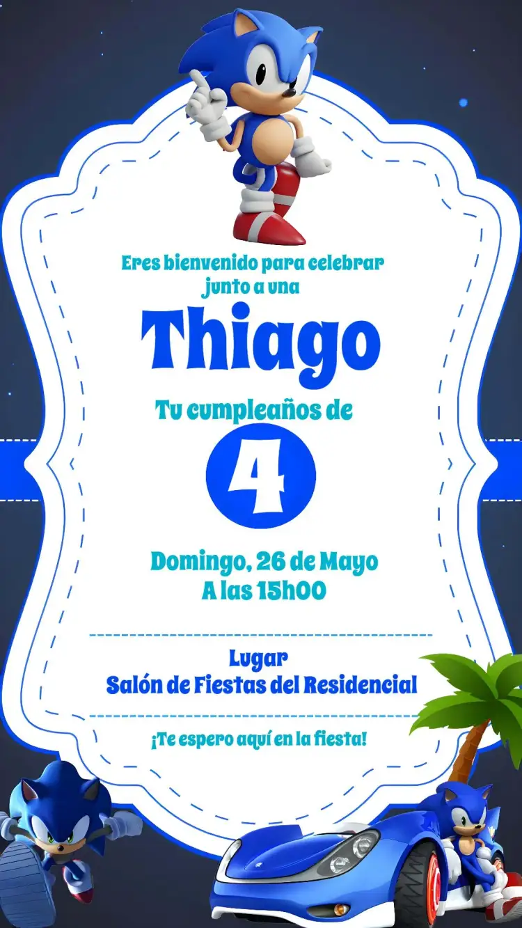 Invitación Sonic – tema Cumpleaños Infantil azul, moderno, juegos, divertido, futurista