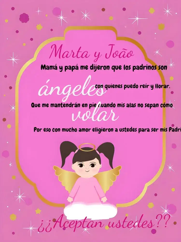 Invitación Para Padrinos Angelita Blanco – tema Bautismo delicado, angelito, nubes, rosa y dorado, moderno, infantil