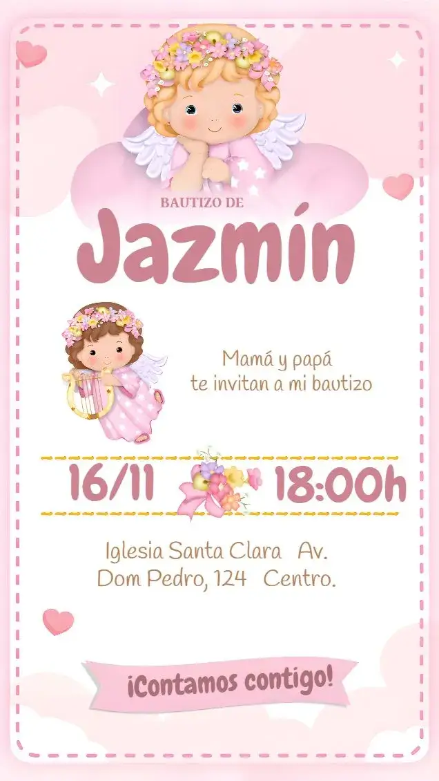 Invitación Bautizo Angelita Rosa Hermoso – tema Bautismo rosa, angelitos, celestial, delicado, inspirador