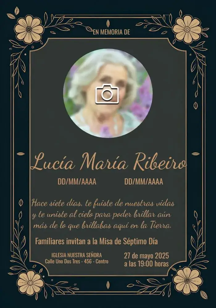 Invitación Misa De Séptimo Día Con Foto Flores – tema Fechas Conmemorativas floral, elegante, suave, moderno, confortável
