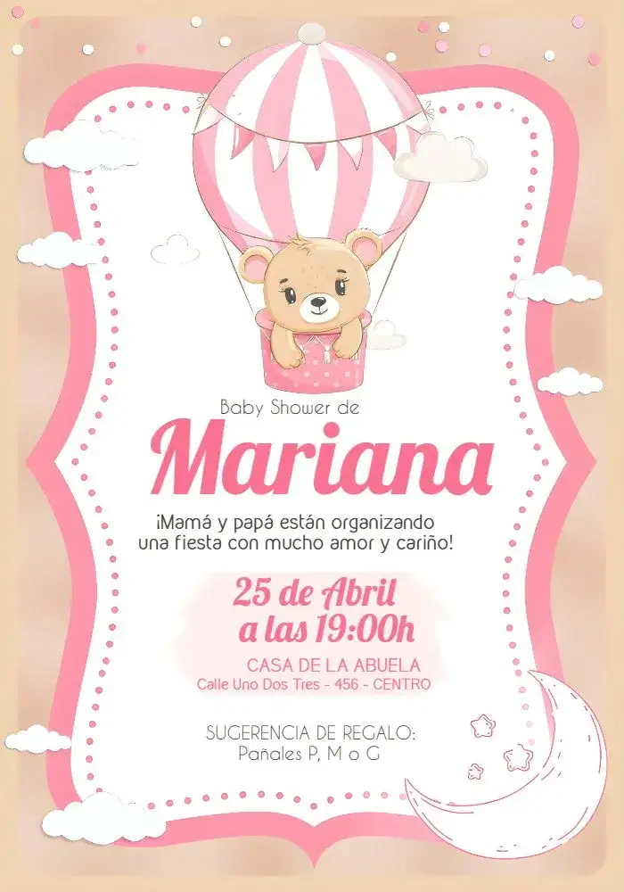 Invitación Baby Shower Osita Globo Rosa Niña Bebé – tema Baby Shower rosa, delicado, infantil, lúdico, feminino, fofo