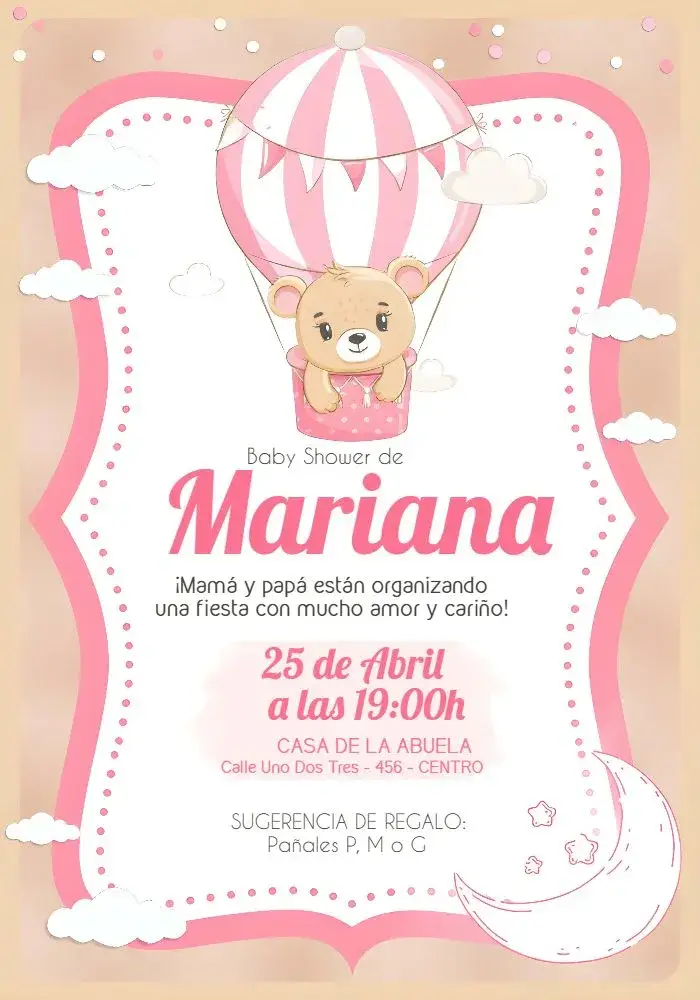 Invitación Baby Shower Osita Globo Rosa Niña Bebé