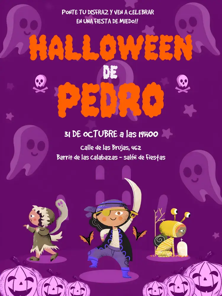 Invitación Fiesta De Halloween Brujas – tema Fechas Conmemorativas temática de Halloween, tonos oscuros, elementos gráficos de brujas, estilo divertido, ilustraciones de fantasmas, calabazas y murciélagos