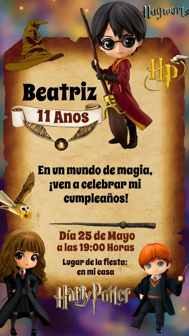Invitación Harry Potter Hogwarts – tema Cumpleaños Infantil mágico, fantasía, brujería, vibrante, ilustrativo, infantil
