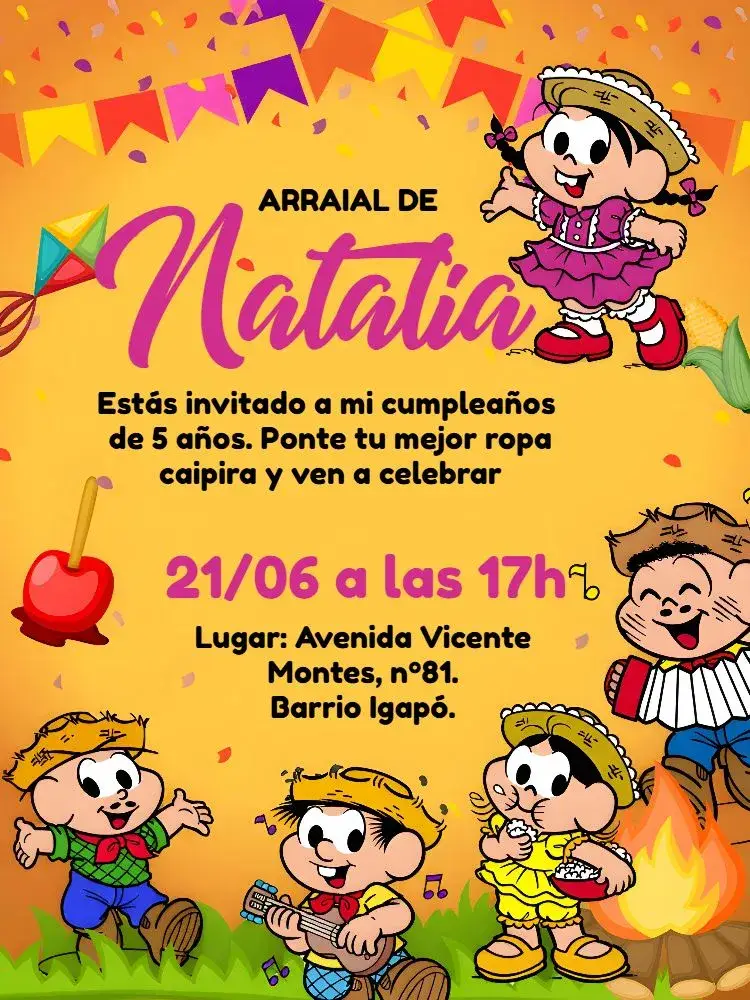 Invitación Arraiá Turma Da Mônicana Turmadamonica editable y personalizable