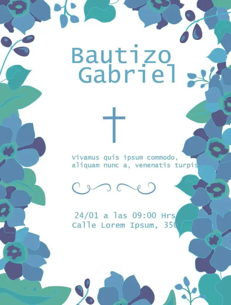 Invitación Bautizo Floral Personalizado – tema Bautismo floral, azul, verde, primavera, moderno