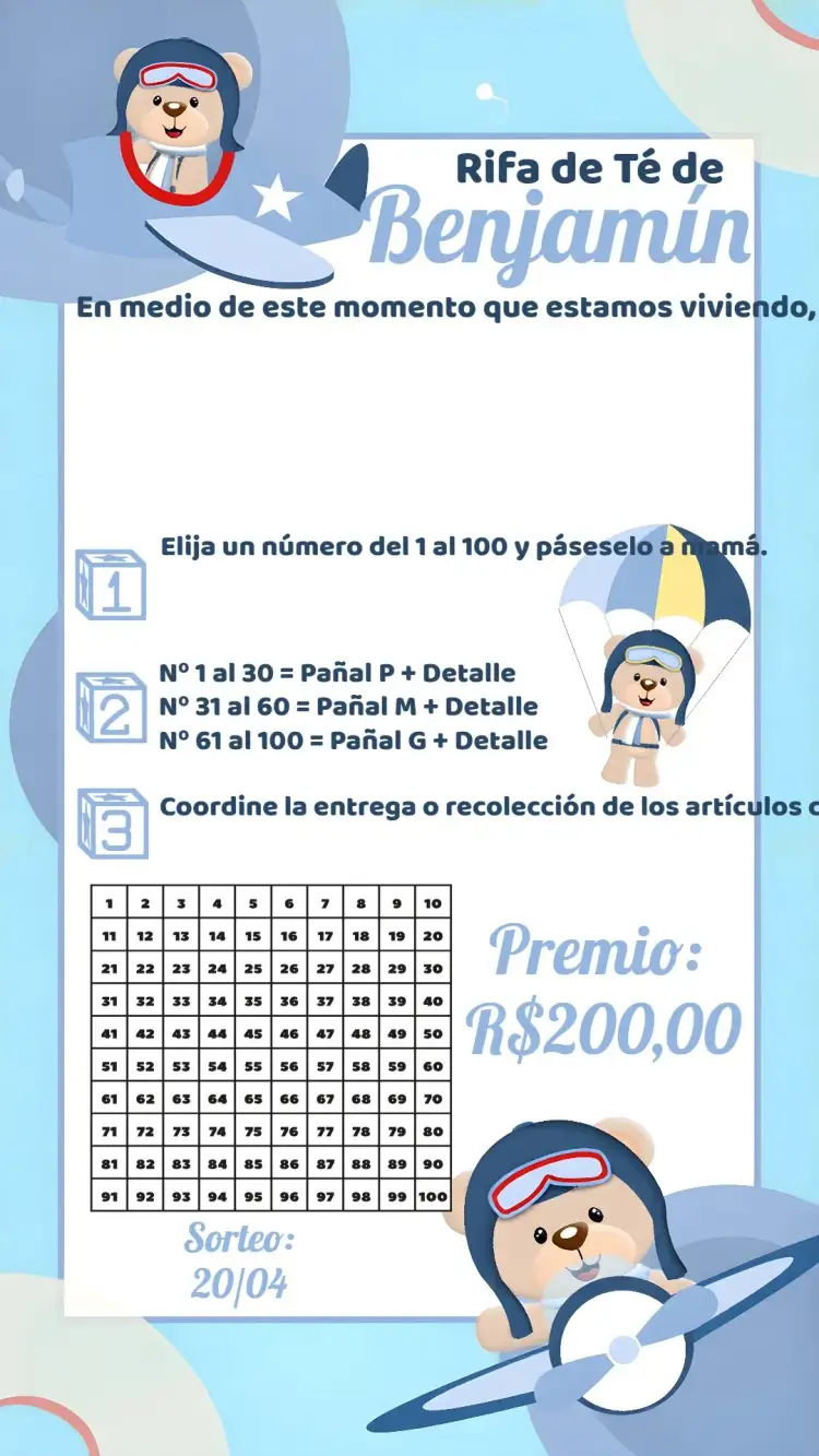 Invitación Té Rifa Osito Aviador Blanco – tema Té Rifa azul y amarillo, infantil, aéreo, tierno, moderno