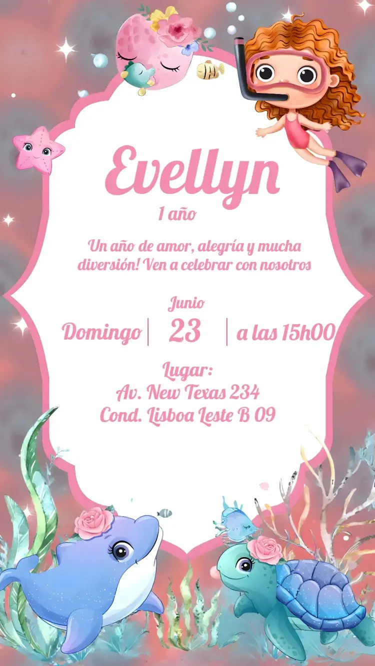Invitación Fondo Del Mar Niña Animales