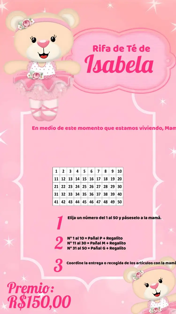 Invitación Té Rifa Osita Bailarina Rosa – tema Té Rifa rosa, floral, bailarina, princesa, femenino, infantil