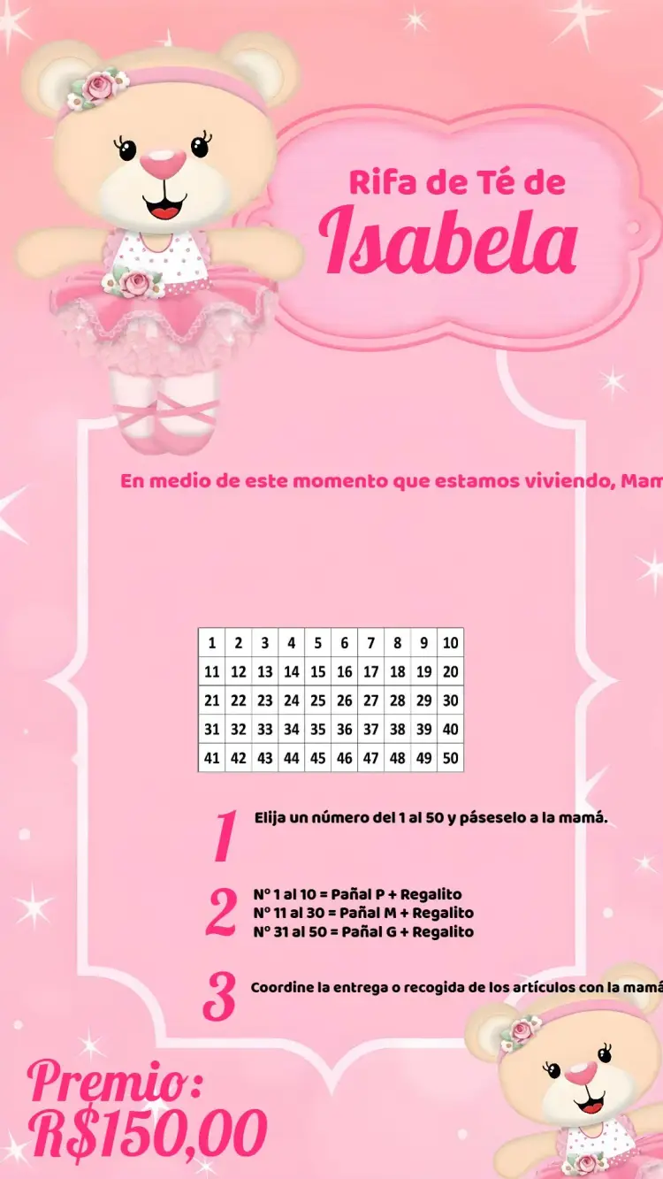 Invitación Té Rifa Osita Bailarina Rosa