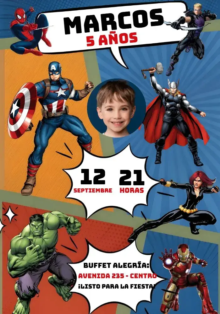Invitación Vengadores Con Foto Niño