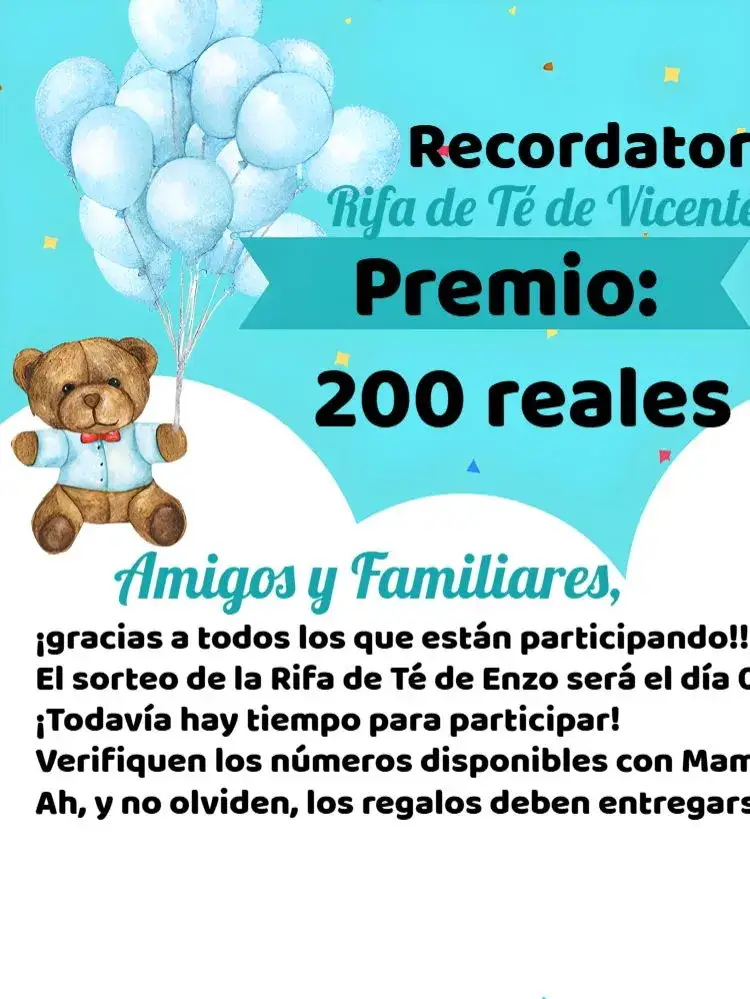 Invitación Lembrete De Baby Shower Rifa Osito Globos Aerostáticos Idea – tema Té Rifa infantil, colorido, divertido, brincalhón, suave, moderno
