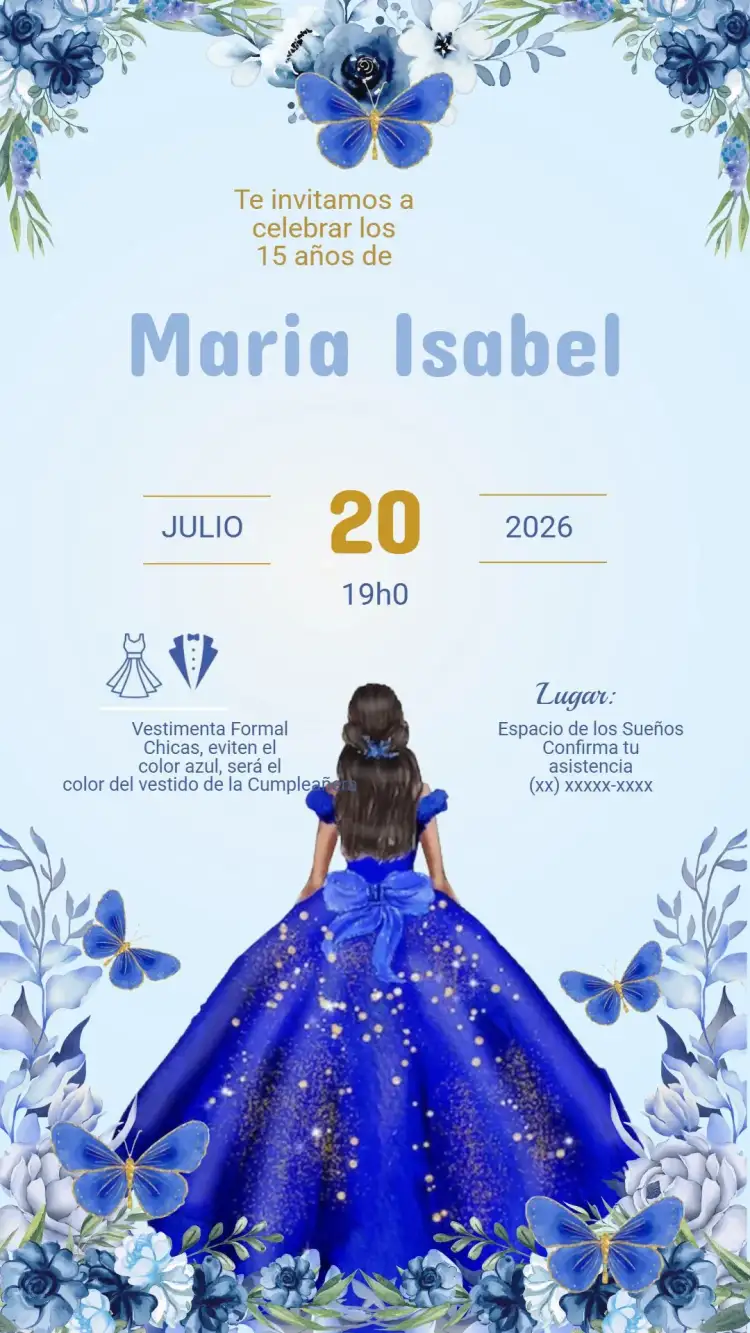 Invitación Invitación Digital Cumpleaños 15 Años Azul – tema Cumpleaños azul, moderno, elegante, joven, vibrante