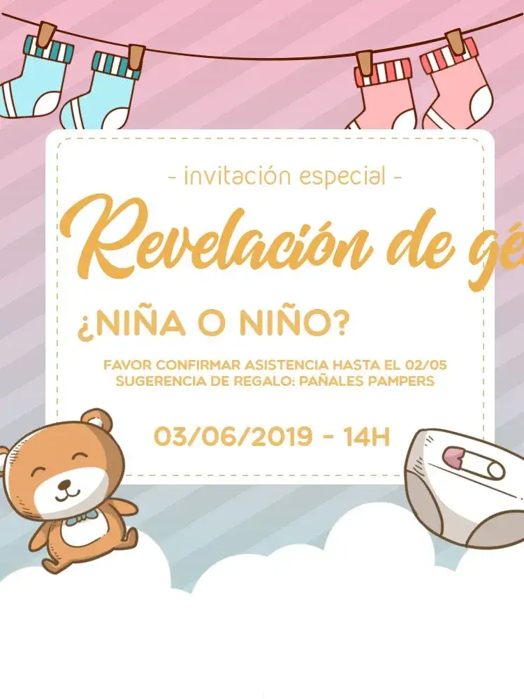 Invitación Baby Reveal Party – tema Revelación Bebé colores pastel, estilo lúdico, ilustraciones tiernas, diseño moderno, elementos infantiles
