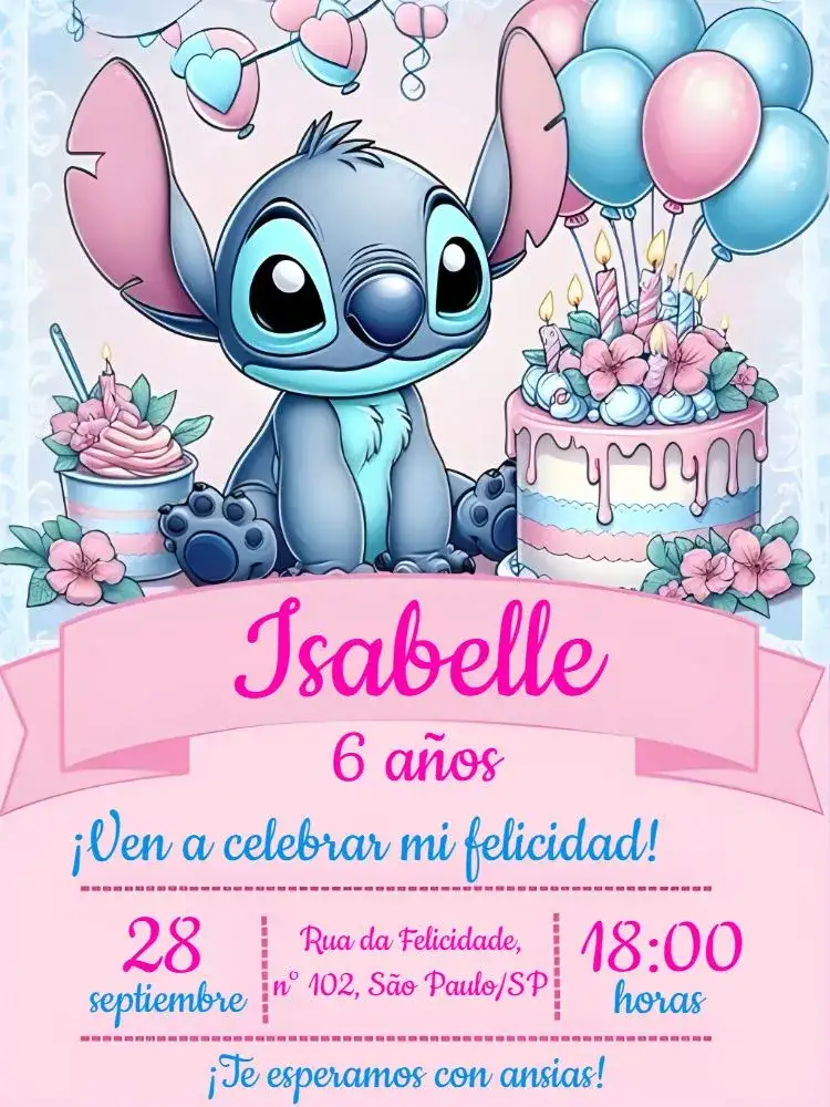 Invitación Stitch Niña – tema Más buscados rosa, divertido, moderno, infantil, colorido, temático
