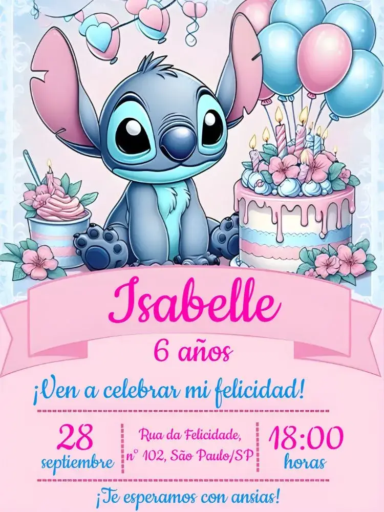 Invitación Stitch Niña editable y personalizable
