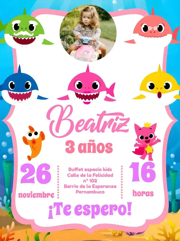 Invitación Baby Shark Con Foto Blanco – tema Cumpleaños Infantil azul marino, colorido, divertido, infantil, temático