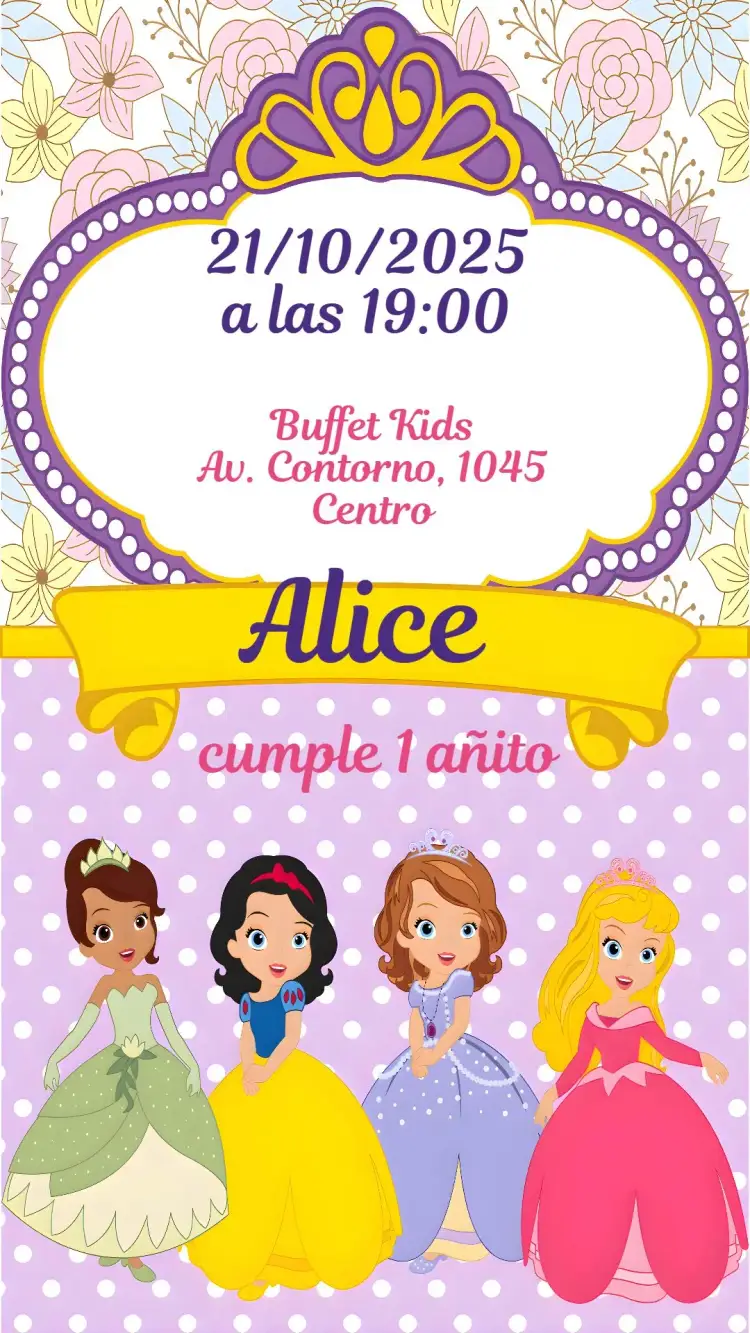 Invitación Princesas Disney – tema Cumpleaños Infantil colores pasteles, estilo lúdico, elementos gráficos de Disney, tonos vibrantes, ilustraciones adorables, diseño encantador