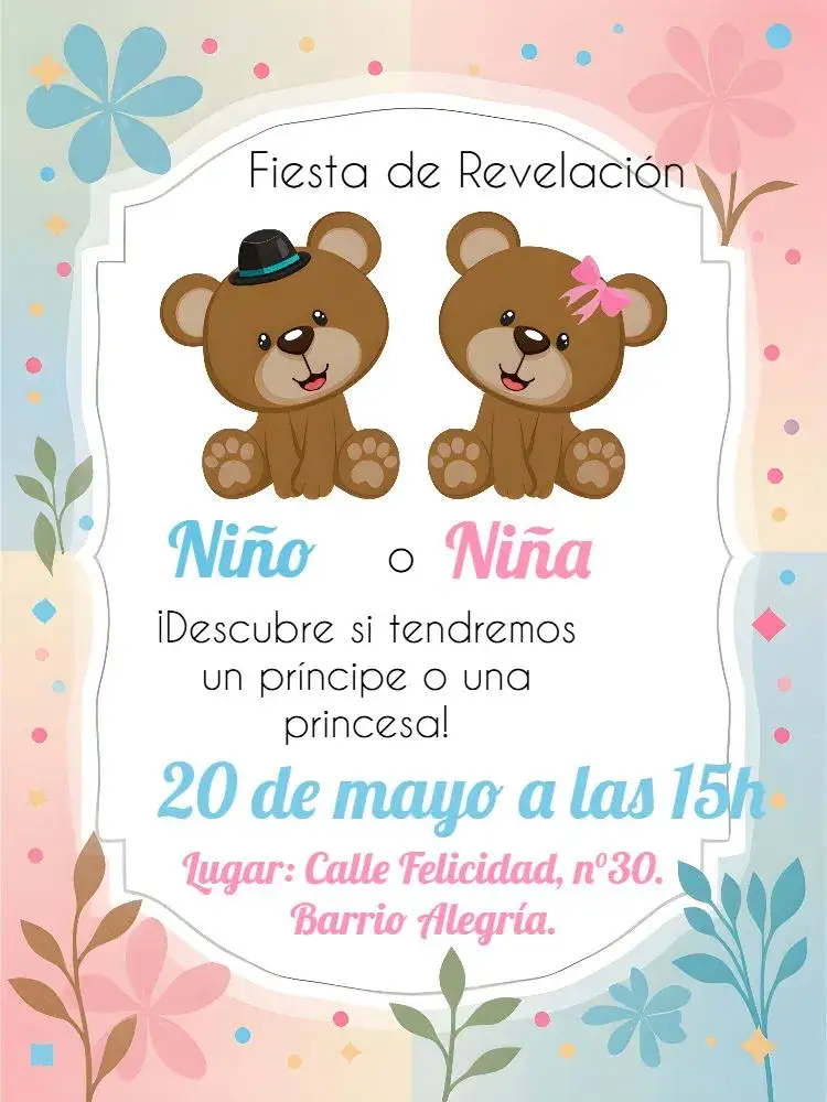 Invitación Baby Shower de Ositos para Niño – tema Revelación Bebé lindo, colorido, infantil, animales, moderno