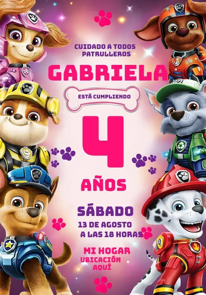 Invitación Cumpleaños Patrulla Canina Rosa Niña Skye – tema Cumpleaños Infantil rosa, delicado, temático, infantil, divertido, colorido