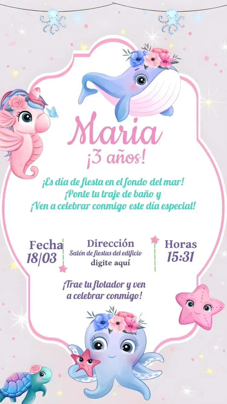 Invitación Fondo Del Mar Burbujas – tema Cumpleaños Infantil azul marino, lúdico, colorido, infantil, divertido