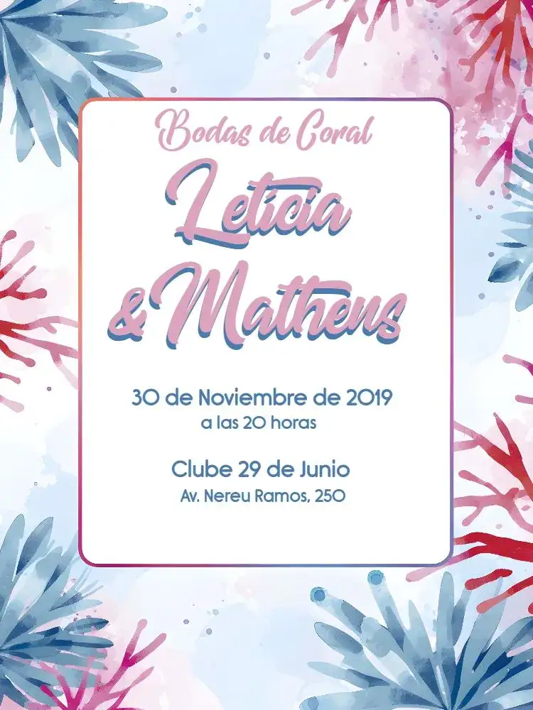 Invitación Bodas De Coral Anos – tema Despedida de Soltera colorido, acuarela, romántico, vibrante, moderno